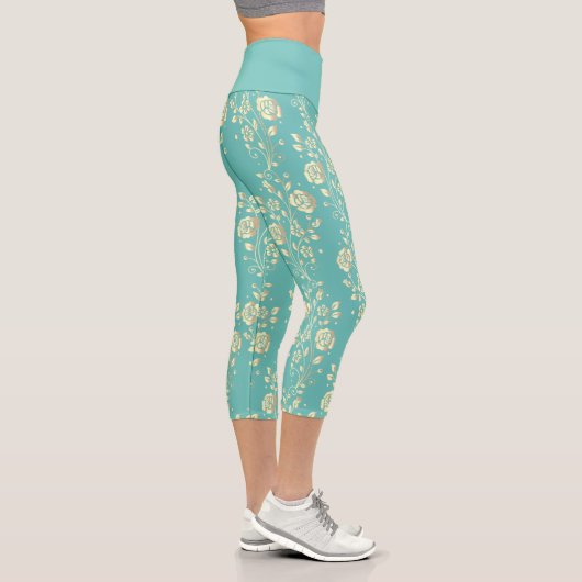 Leggings Capri Fleurs d'or en cascade sur turquoise (Droite)