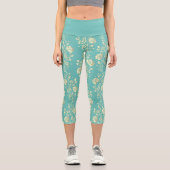 Leggings Capri Fleurs d'or en cascade sur turquoise (Recto)