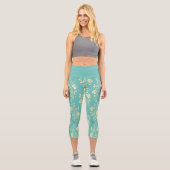 Leggings Capri Fleurs d'or en cascade sur turquoise (Recto)