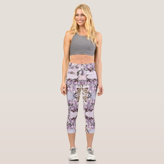 Leggings Capri Fleurs d'orchidées roses et dessin de papillon (Recto)