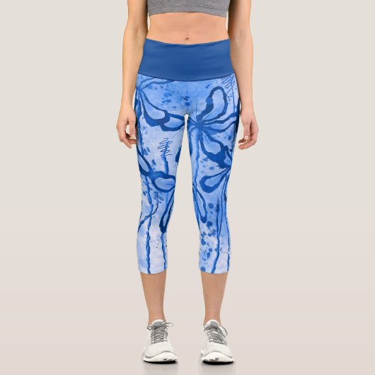 Leggings Capri Fleurs encrées Abstraites bleu (Recto)