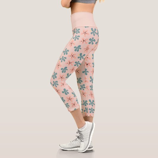 Leggings Capri Fleurs florales roses mignonnes Motif Doodle (Gauche)