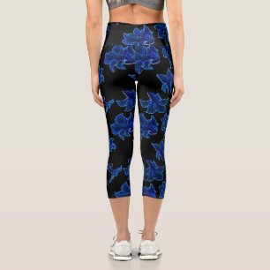 Leggings Capri Fleurs florales stylisées en bleu néon