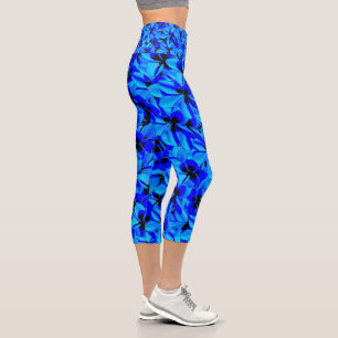 Leggings Capri Fleurs Frangipani Bleues Haut Taille Capris Leggin