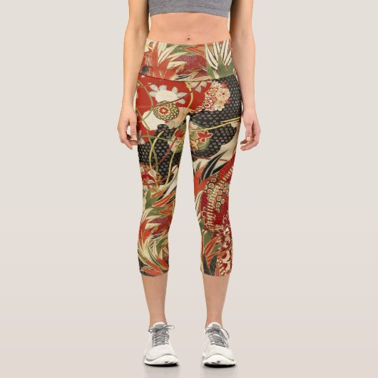 Leggings Capri FLEURS JAPONAISES ANCIENNES Rouge Vert Noir Floral (Recto)