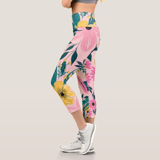 Leggings Capri Fleurs Jaunes Jolies Rose Florales (Gauche)