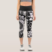 Leggings Capri Fleurs Lotus et Mandalas en noir et blanc (Recto)