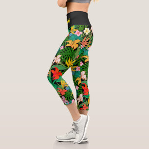 Leggings Capri Fleurs multicolores et feuilles de palmier sur fon