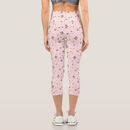 Leggings Capri Fleurs Noires Blanches Sur Rose (Verso)