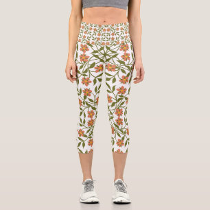 Leggings Capri Fleurs orange, motif floral, verdure, Boho