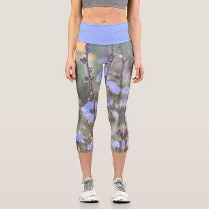 Leggings Capri Fleurs Plantes Pale Violet Bleu Chicoré