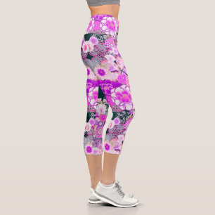 Leggings Capri FLEURS ROSES BLANCHES Rose pivoine Floral japonais