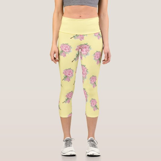Leggings Capri Fleurs roses jaune motif (Recto)