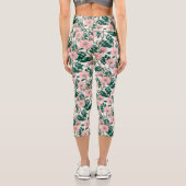 Leggings Capri Fleurs Roses roses et Motif Feuille vert (Verso)