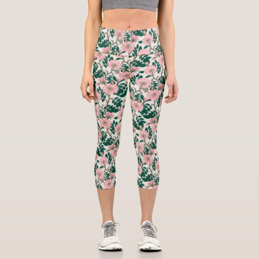 Leggings Capri Fleurs Roses roses et Motif Feuille vert (Recto)