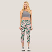 Leggings Capri Fleurs Roses roses et Motif Feuille vert (Recto)