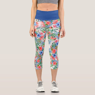 Leggings Capri Fleurs Rouge Blanc Et Bleu 4 juillet Patriotique