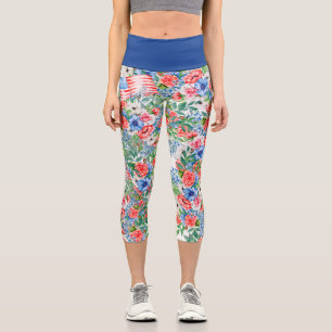 Leggings Capri Fleurs Rouge Blanc Et Bleu Patriotique 4 Juillet