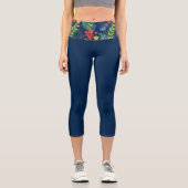 Leggings Capri Fleurs rouges jaunes bleues sur bleu marine (Recto)