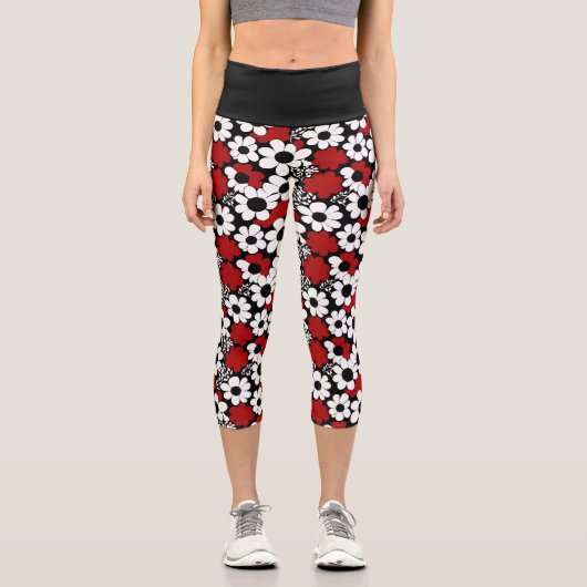 Leggings Capri Fleurs rouges, noires et blanches (Recto)