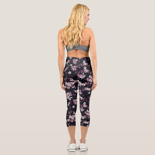 Leggings Capri Fleurs Sakura Roses Noires, Design Motif, (Verso)