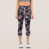 Leggings Capri Fleurs Sakura Roses Noires, Design Motif, (Recto)