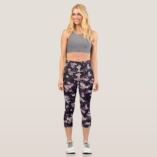 Leggings Capri Fleurs Sakura Roses Noires, Design Motif, (Recto)
