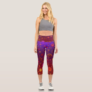 Leggings Capri Fleurs sauvages radieux : Orange brillant et pourp