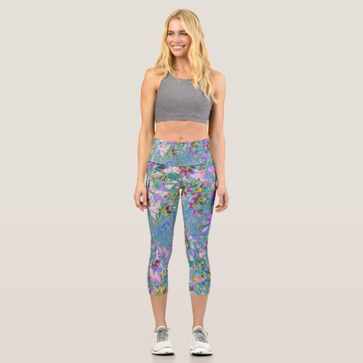 Leggings Capri Fleurs sauvages rétro violet, vert et bleu sur ros (Recto)