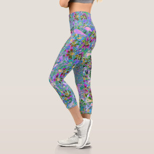 Leggings Capri Fleurs sauvages rétro violettes, vertes et bleues