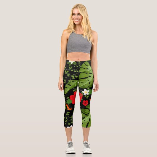 Leggings Capri Fleurs tropicales Arrière - plan 4 (Recto)