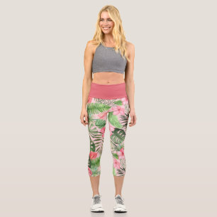 Leggings Capri Fleurs tropicales rose et verte