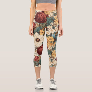 Leggings Capri Fleurs vintages de Rose, tulipe, lys et marguerite