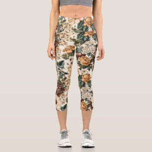 Leggings Capri Fleurs vintages d'ivoire, Motif Rose multicolore