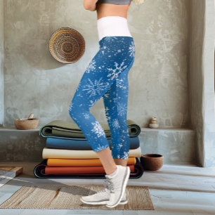 Leggings Capri Flocons de Neige Bleus Classique Hiver Blanc