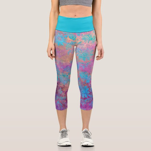 Leggings Capri Floral élégant boho bleu violet or rose (Recto)