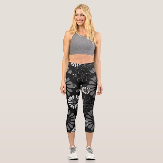 Leggings Capri Floral noir et blanc rétro (Recto)