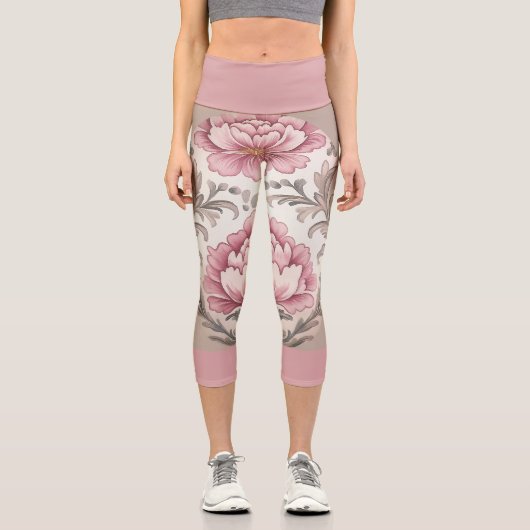Leggings Capri Floral rose sur rose clair avec bande rose foncé (Recto)