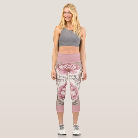 Leggings Capri Floral rose sur rose clair avec bande rose foncé (Recto)
