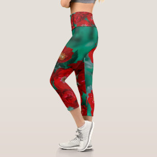 Leggings Capri Flore des fleurs de roses rouges