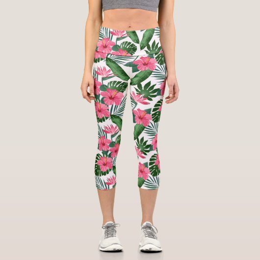 Leggings Capri Flore tropicale recouverte d'Hibiscus rose (Recto)