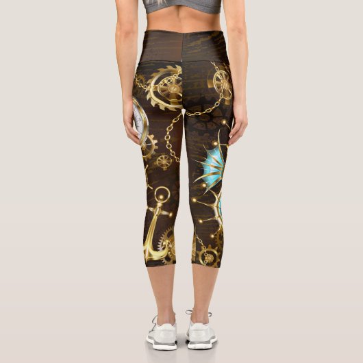 Leggings Capri Fond en bois avec hippocampe mécanique (Verso)