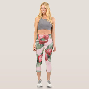 Leggings Capri Fraises mûres d'été : Aquarelle rose