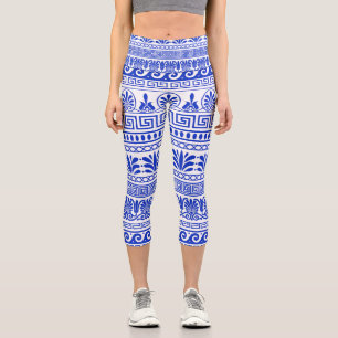 Leggings Capri Fret grec, Motif méditerranéen, Bleu