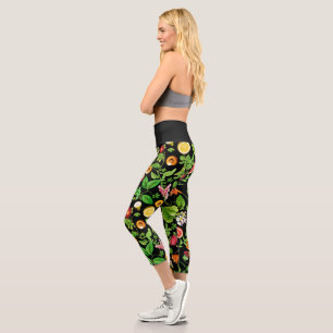 Leggings Capri Fruits And Leaves Pattern On Black