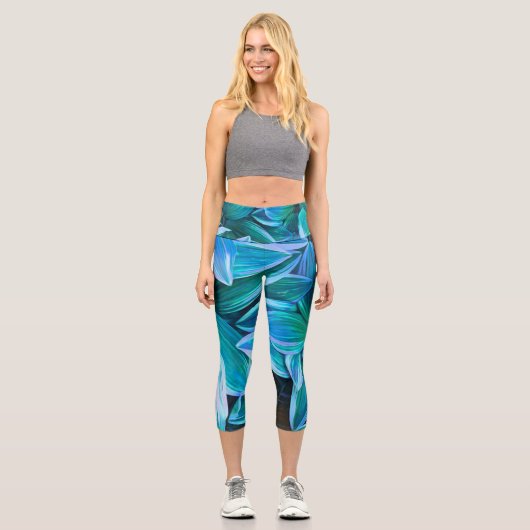 Leggings Capri fun abstrait nature art bleu turquoise et vert (Recto)