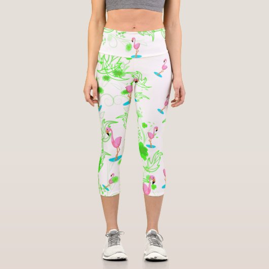 Leggings Capri Fun flamants roses et vignes vertes (Recto)
