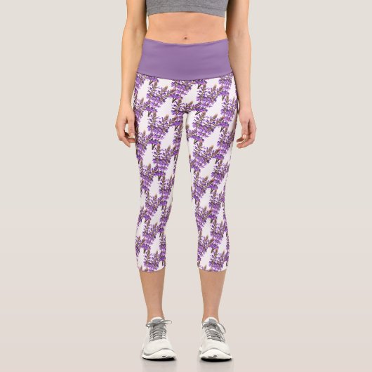 Leggings Capri Fun Herbe Imprimer Lavande Fleurs sur Blanc (Recto)