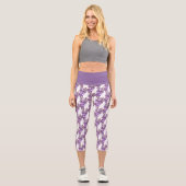 Leggings Capri Fun Herbe Imprimer Lavande Fleurs sur Blanc (Recto)