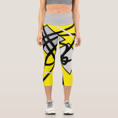 Leggings Capri Funky Abstrait Art Jaune Jambes Grises Noires (Recto)